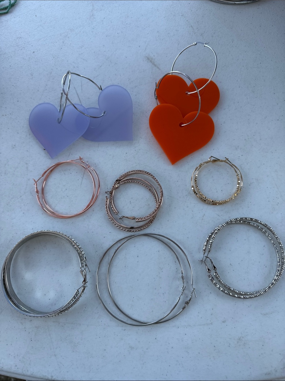 Heart Hoop Earrings - Orange and Lavender Acrylic Hearts, Mixed Metal and Lot